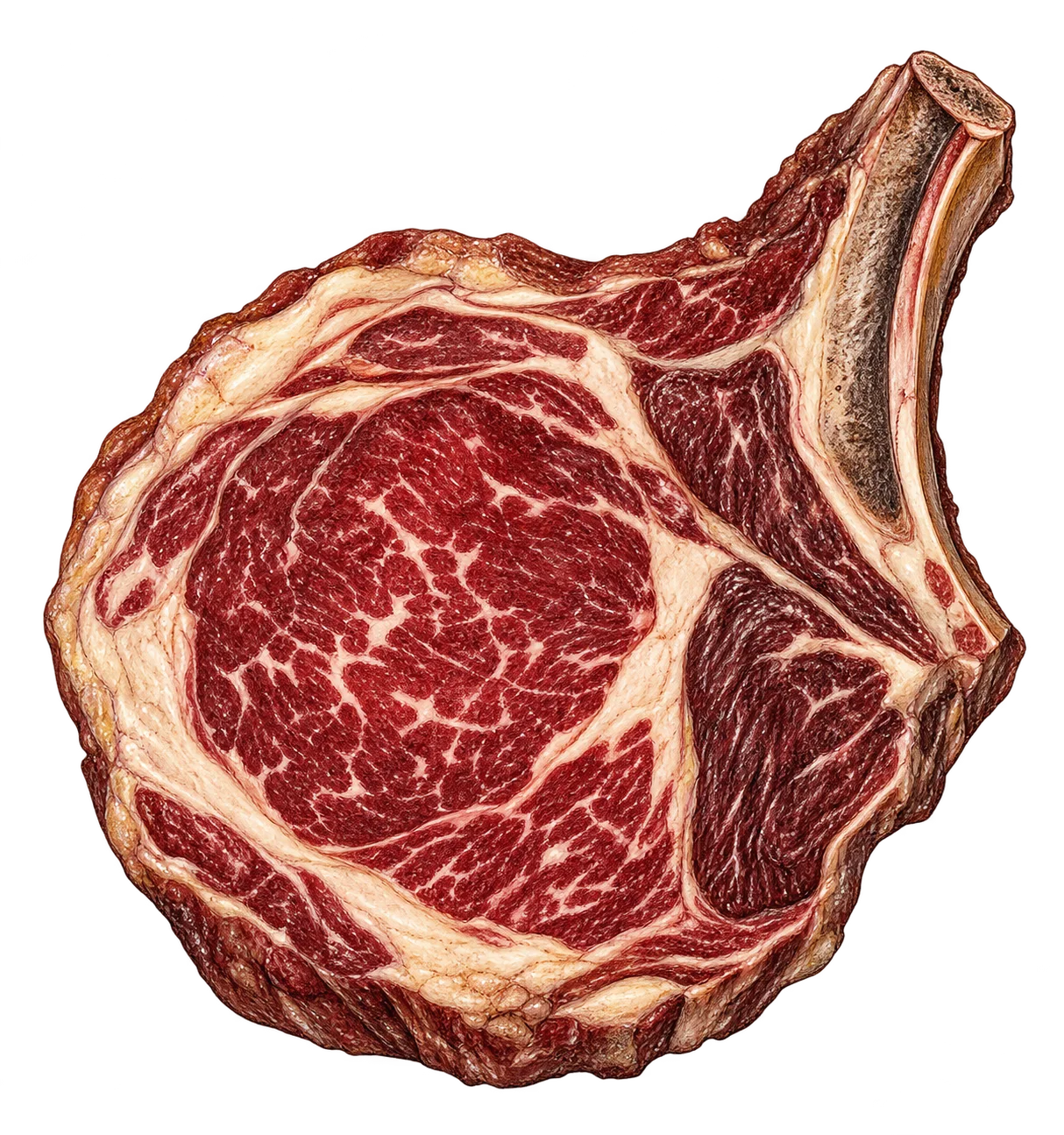 Illustration of a marbled bone-in beef cut