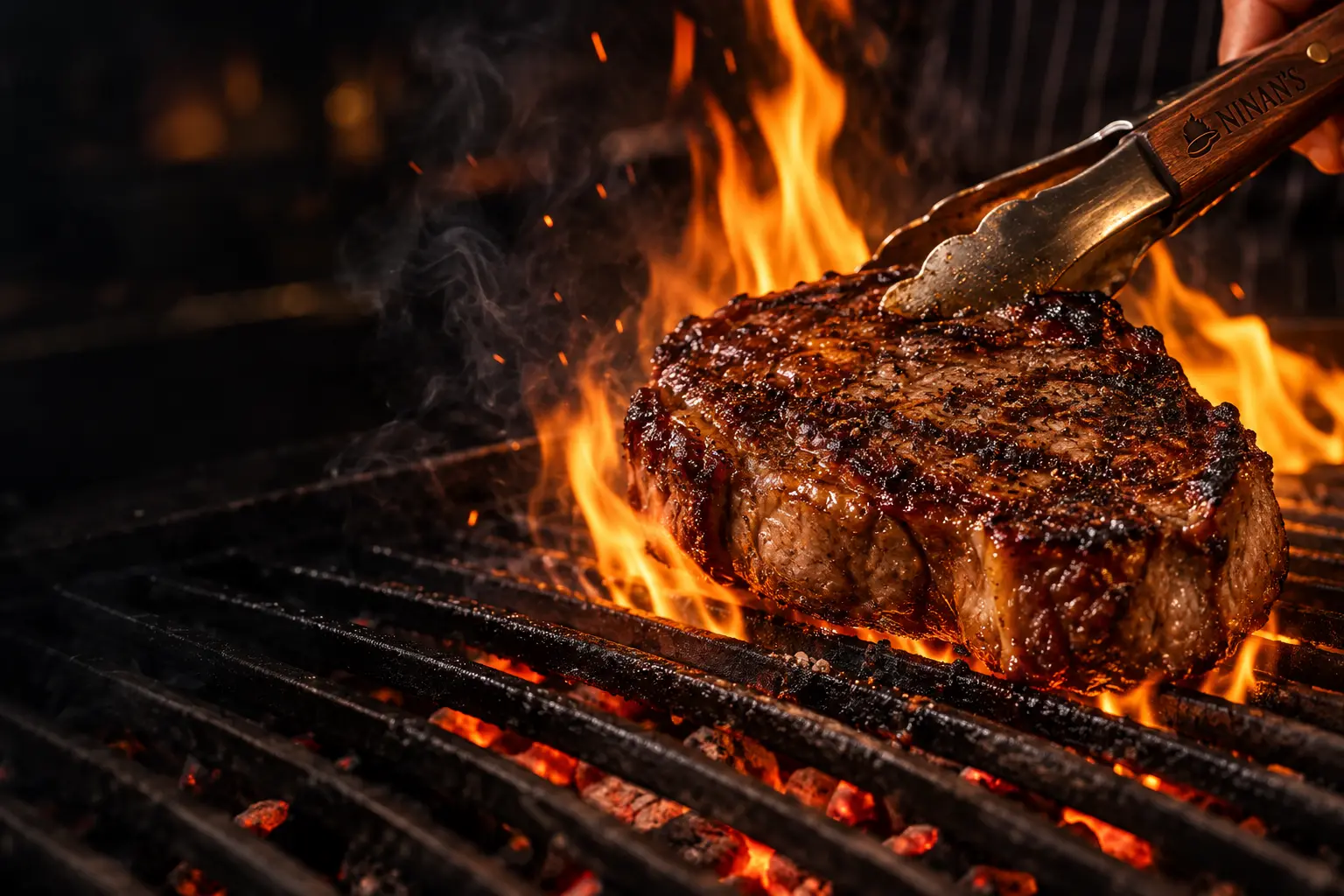 Steak cooking over flame at Ninan's